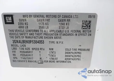 2015 Chevrolet Equinox 1Lt from USA, damaged, VIN 2GNALBEK8F6384053